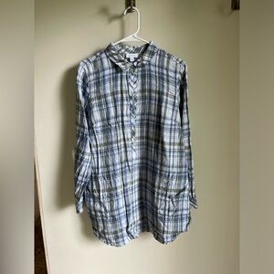 J. Jill Women's Medium Long Sleeve Plaid Half Button-Down Shirt Tunic Linen